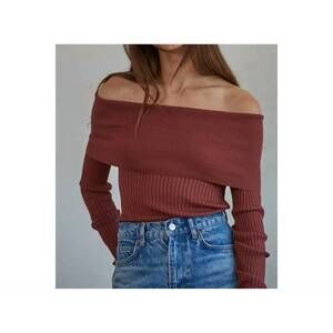 NEW BY TOGETHER ribbed foldover off shoulder sweater in brick